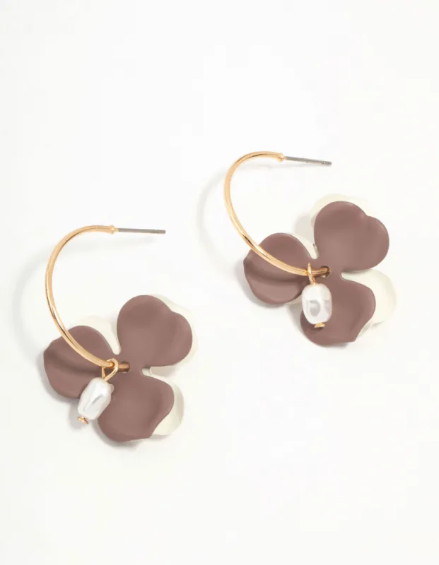 Brown Pearlised Flower & Pearl Hoop Earrings sold by lovisa
