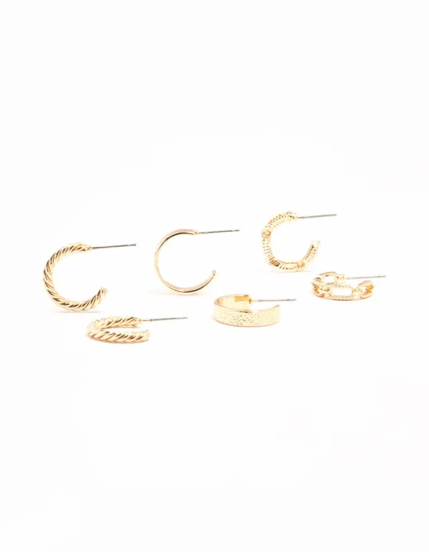 Gold Sand Blast & Link Hoop Earrings 3-Pack sold by lovisa