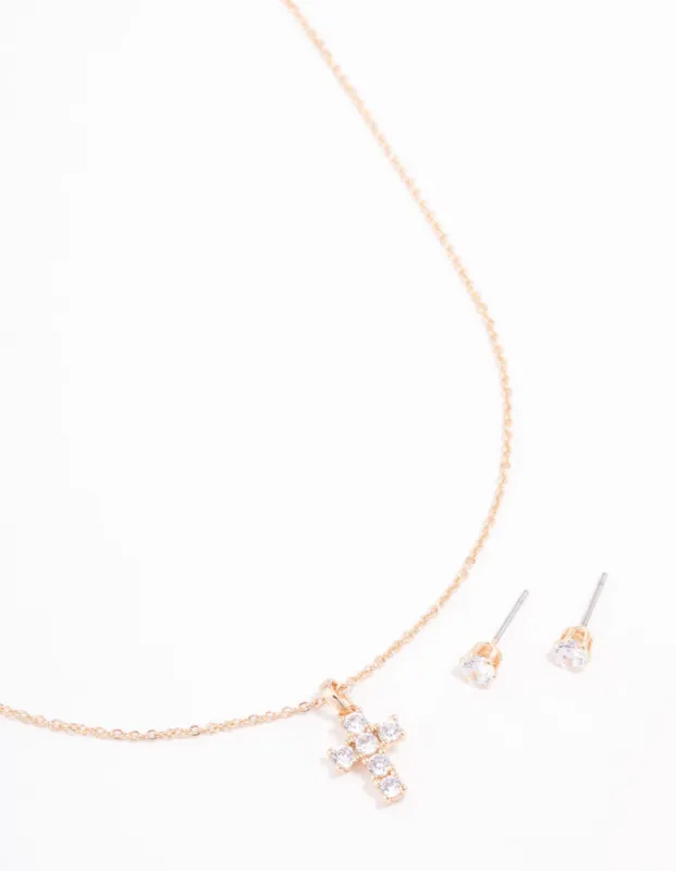 Gold Cubic Zirconia Cross Necklace & Earring Set sold by lovisa