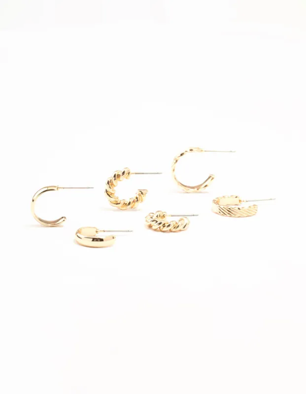 Gold Mixed Textured Hoop Earrings 3-Pack sold by lovisa