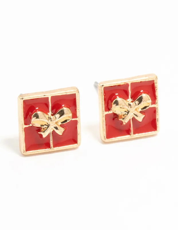 Red Enamel Present Gold Stud Earrings sold by lovisa