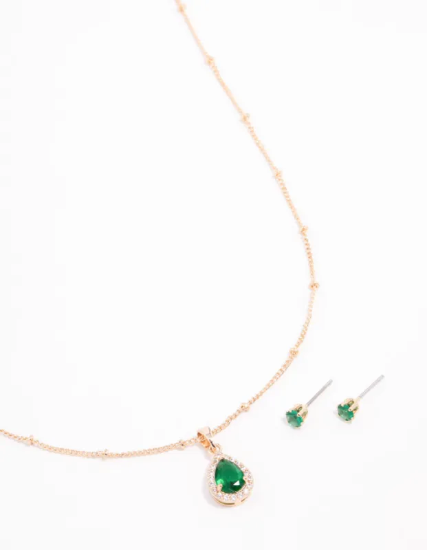 Gold Emerald Cubic Zirconia Necklace & Stud Earrings Set sold by lovisa