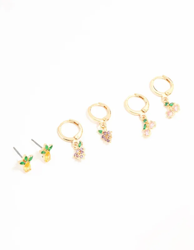 Gold Mixed Fruit Studs & Huggie Earrings 3-Pack sold by lovisa