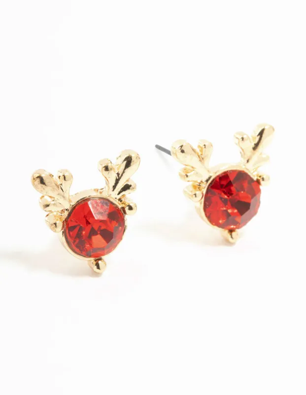 Red Diamante Reindeer Gold Stud Earrings sold by lovisa