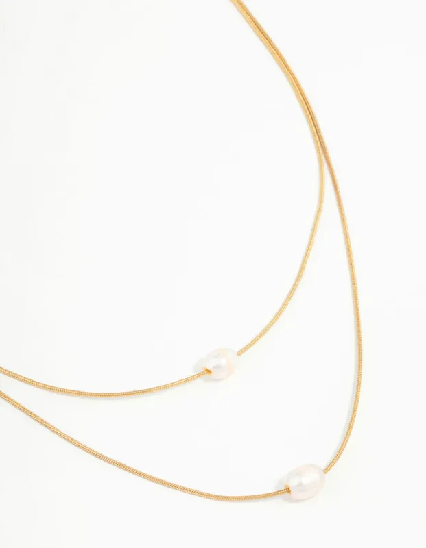 Waterproof Gold Plated Stainless Steel Layered Pearl Pendant Necklace sold by lovisa