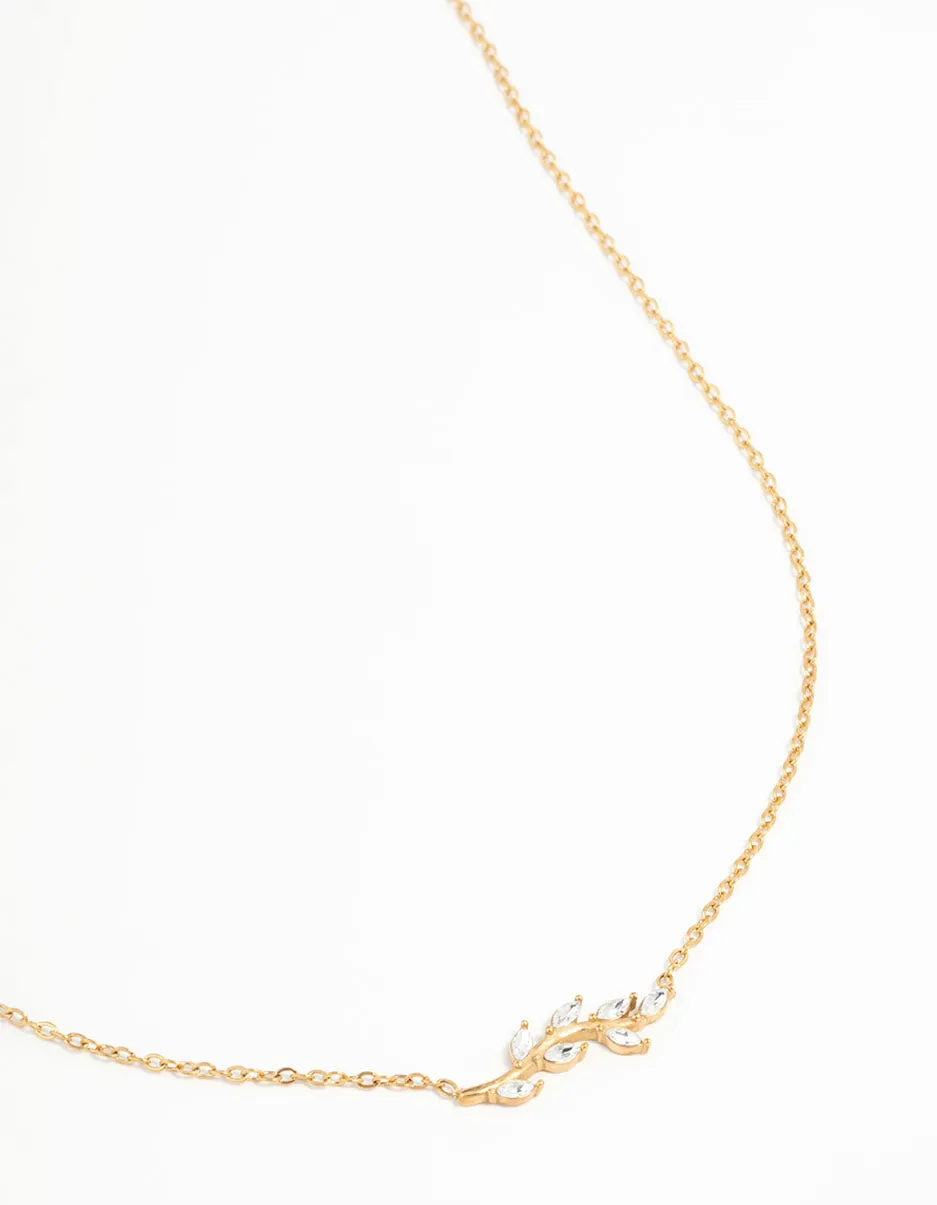 Waterproof Gold Plated Stainless Steel Cubic Zirconia Leaf Pendant Necklace sold by lovisa