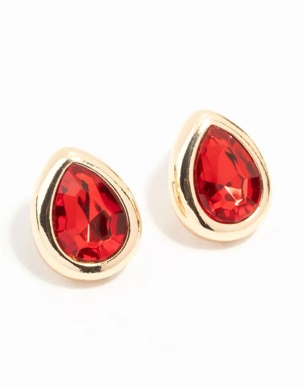 Red Pear Diamante Gold Stud Earrings sold by lovisa