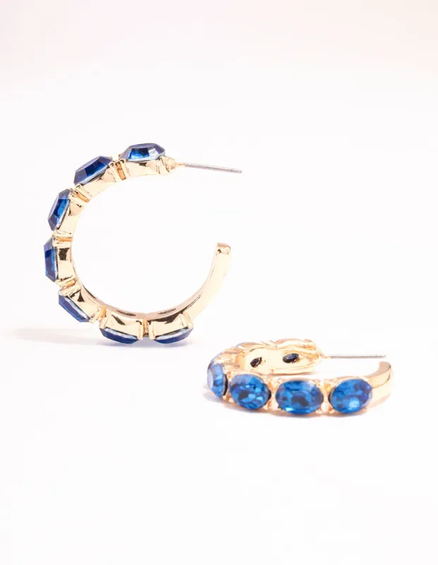 Gold Oval Blue Diamante Hoop Earrings sold by lovisa