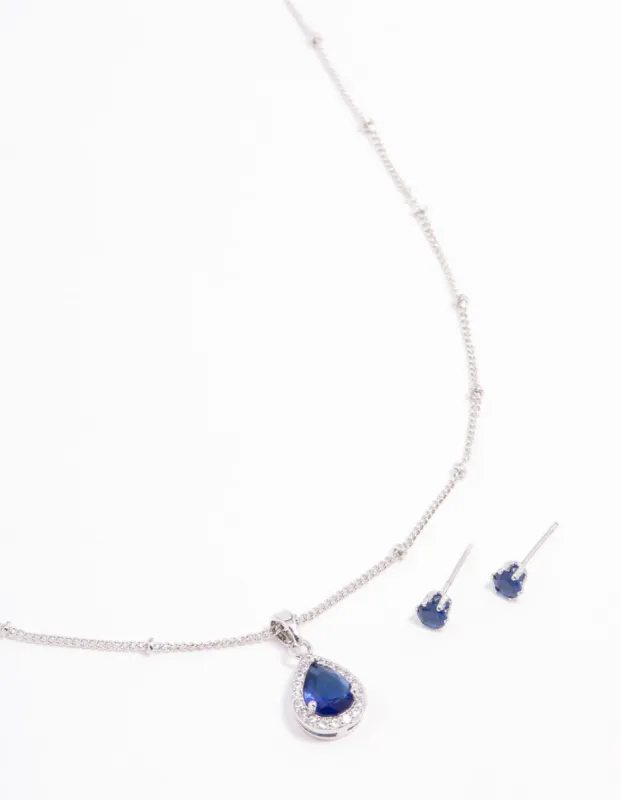Blue Cubic Zirconia Rhodium Necklace & Stud Earrings Set sold by lovisa