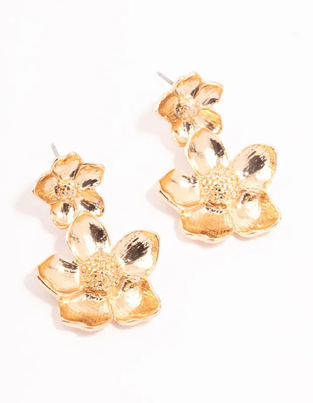 Gold Double Flower Drop Earrings sold by lovisa