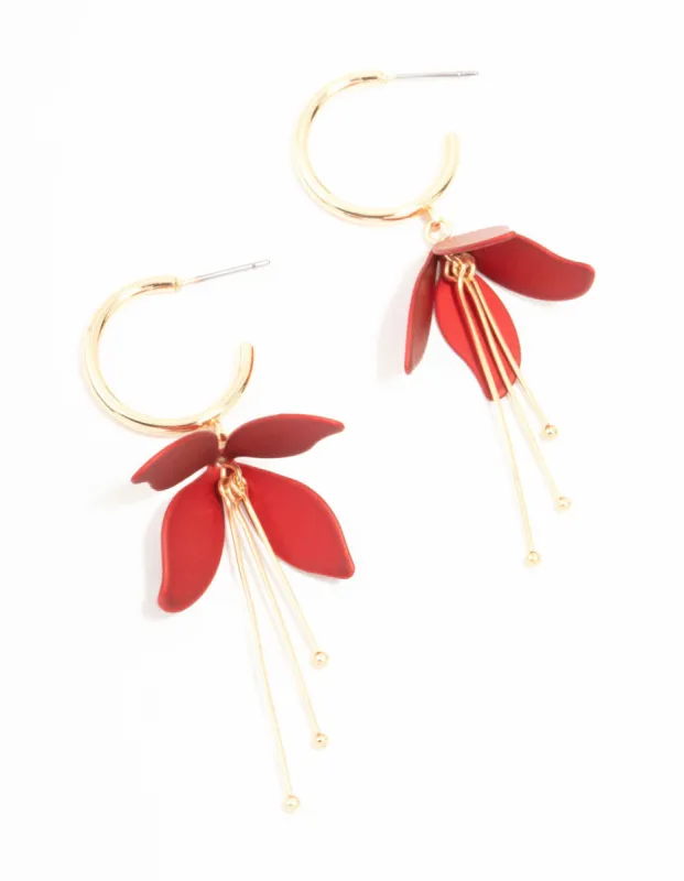 Gold Red Pearlised Flower Drop Earrings sold by lovisa