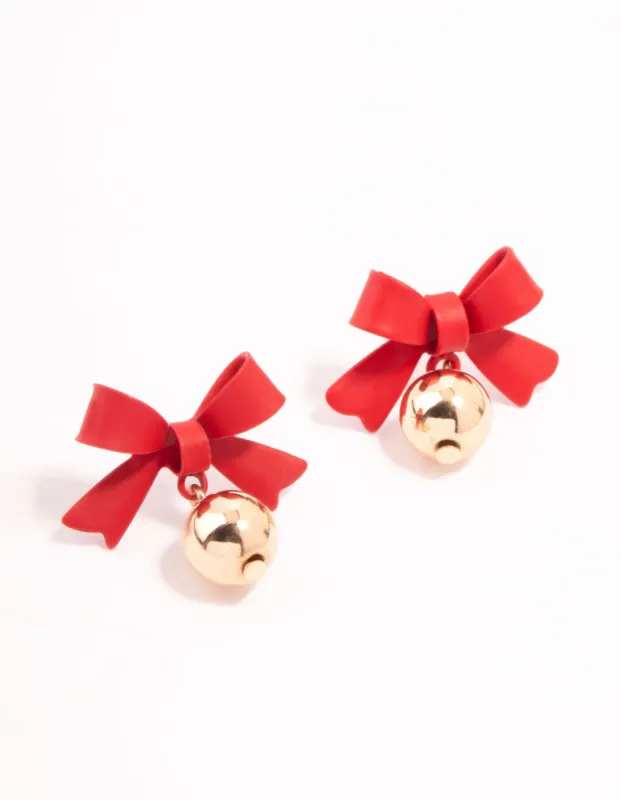 Gold Bauble & Red Bow Drop Earrings sold by lovisa