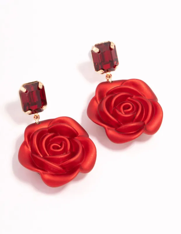 Red Diamante & Rose Acrylic Drop Earrings sold by lovisa