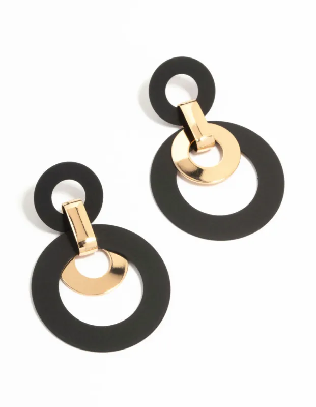 Gold & Black Circle Drop Earrings sold by lovisa
