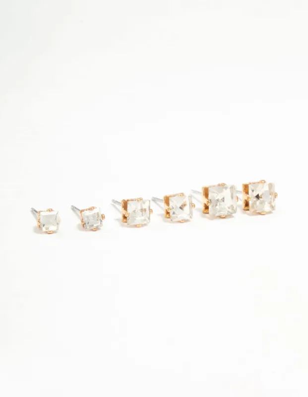 Gold Square Diamante Stud Earrings 3-Pack made by lovisa