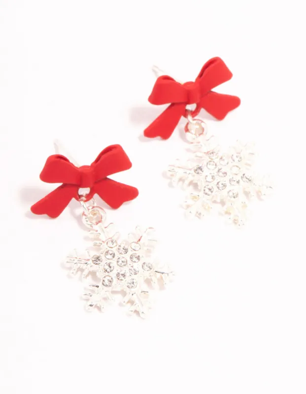 Silver Diamante Snowflake & Red Bow Drop Earrings sold by lovisa