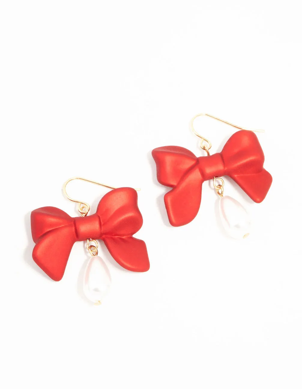 Gold Red Pearlised Bow & Pearl Drop Earrings sold by lovisa