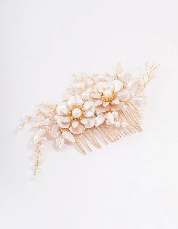 Gold Flower Wire Pearl Hair Comb sold by lovisa