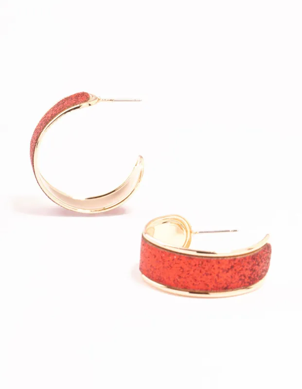 Gold Wide Red Glitter Hoop Earrings sold by lovisa