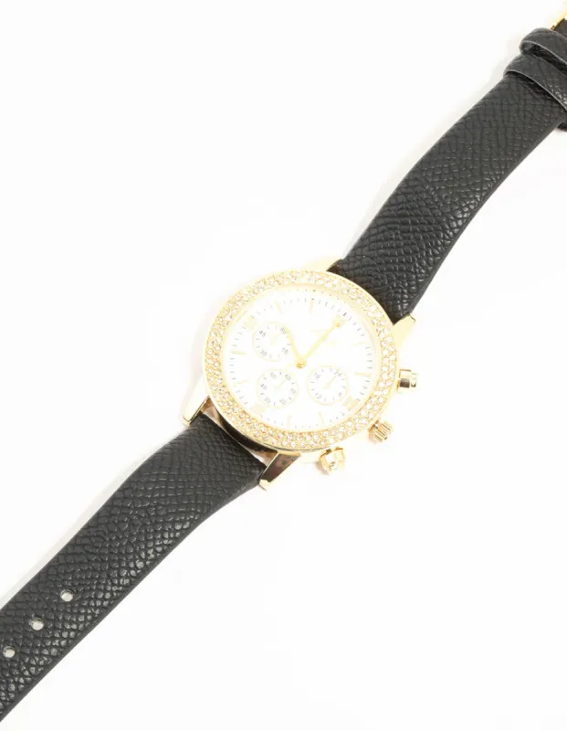 Black PU Leather & Diamante Mechanical Watch sold by lovisa