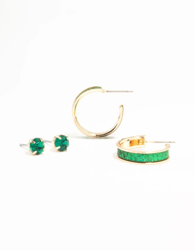 Green Glitter Hoops & Green Diamante Stud Earrings 2-Pack sold by lovisa