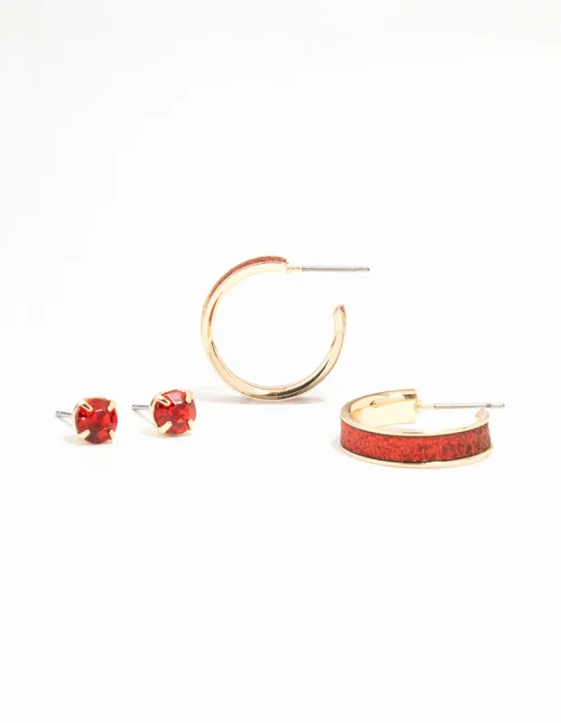 Red Glitter Hoop Earrings & Red Diamante Stud Earrings 2-Pack sold by lovisa