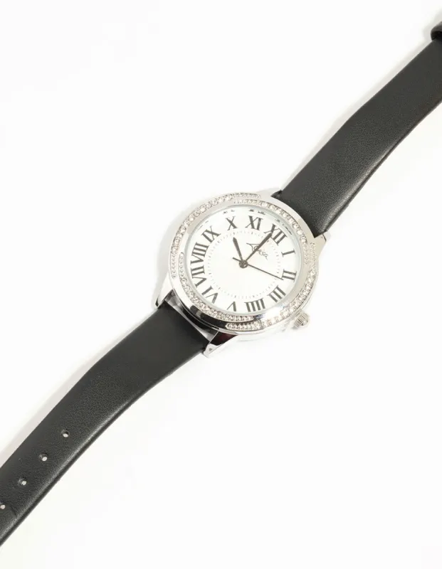 Black PU Leather Roman Numerals Analogue Watch sold by lovisa