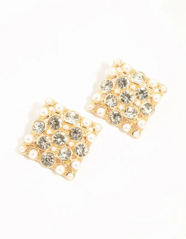 Gold Pearl & Diamante Square Stud Earrings sold by lovisa