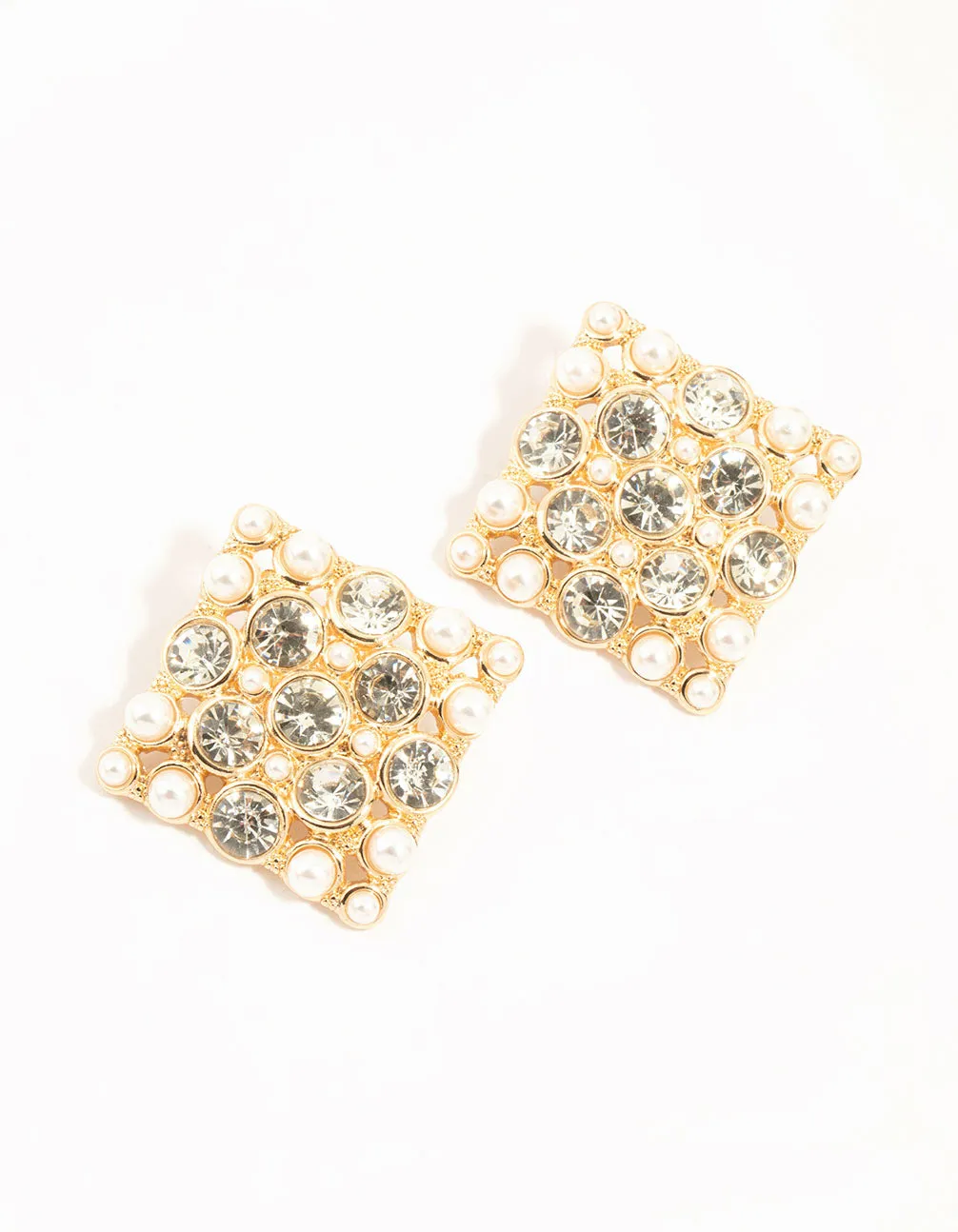 Gold Pearl & Diamante Square Stud Earrings sold by lovisa