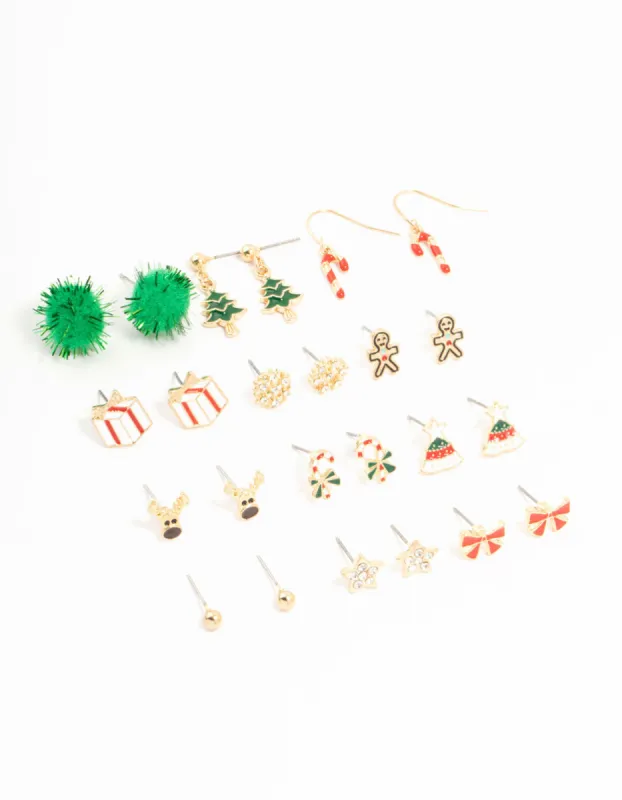 Red Bow & Reindeer Stud Gold Earrings 12-Pack sold by lovisa