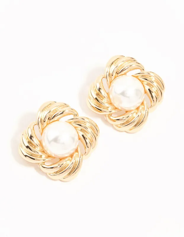 Gold Ribbed & Pearl Vintage Stud Earrings sold by lovisa