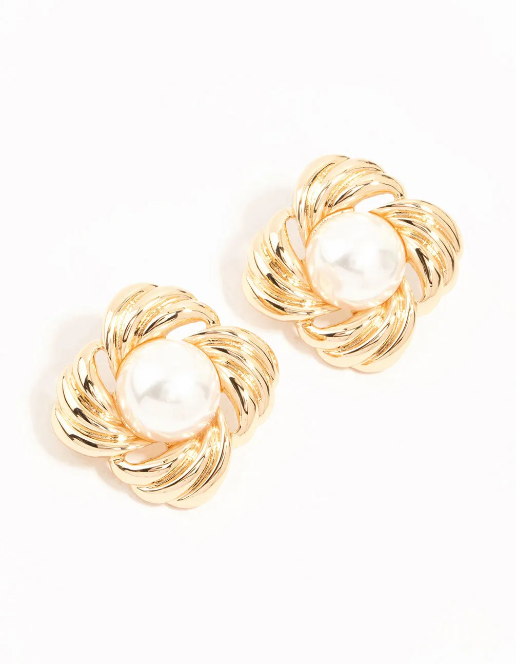 Gold Ribbed & Pearl Vintage Stud Earrings sold by lovisa