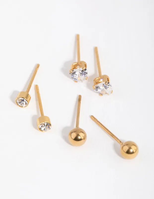 24 Carat Gold Plated Surgical Steel Love Stud Earrings 3-Pack sold by lovisa