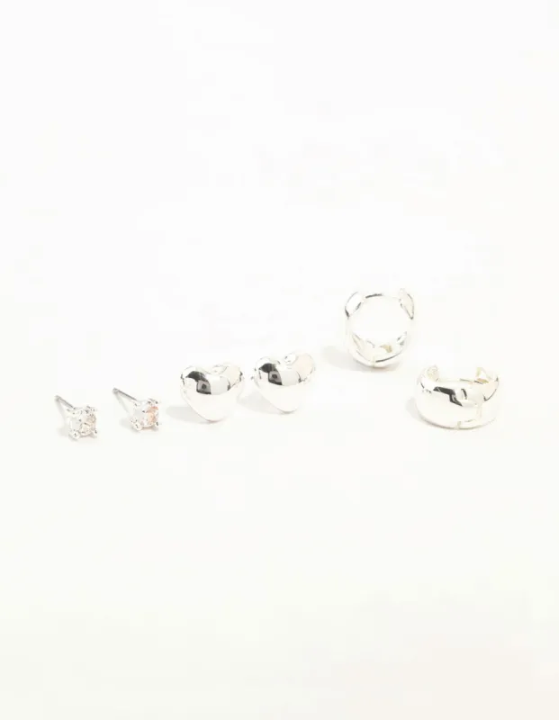 Silver Cubic Zirconia Chubby Heart Stud & Hoop Earrings 3-Pack sold by lovisa