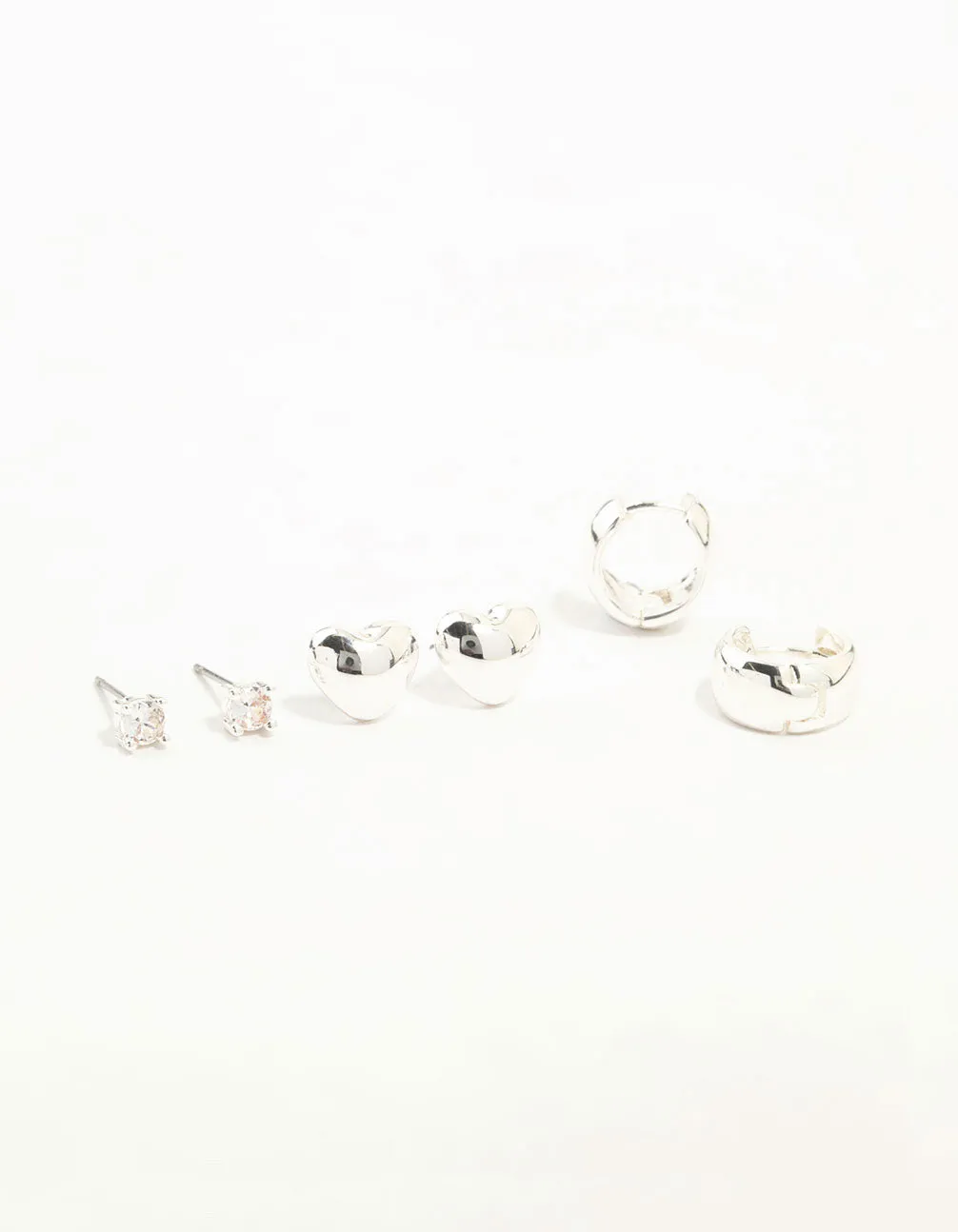 Silver Cubic Zirconia Chubby Heart Stud & Hoop Earrings 3-Pack sold by lovisa