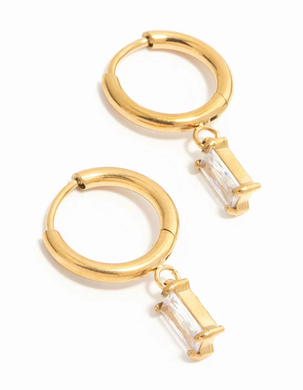 Waterproof Gold Plated Stainless Steel Baguette Diamante Huggie Earrings sold by lovisa