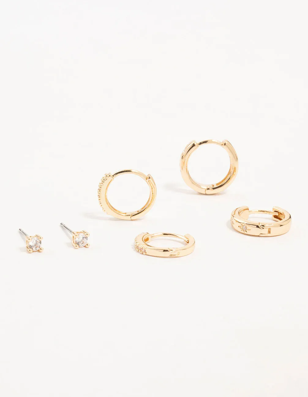 Gold Cubic Zirconia Cluster Hoop & Classic Stud Earrings 3-Pack sold by lovisa