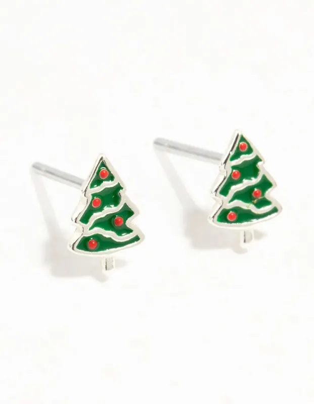 Green Enamel Sterling Silver Christmas Tree Stud Earrings sold by lovisa