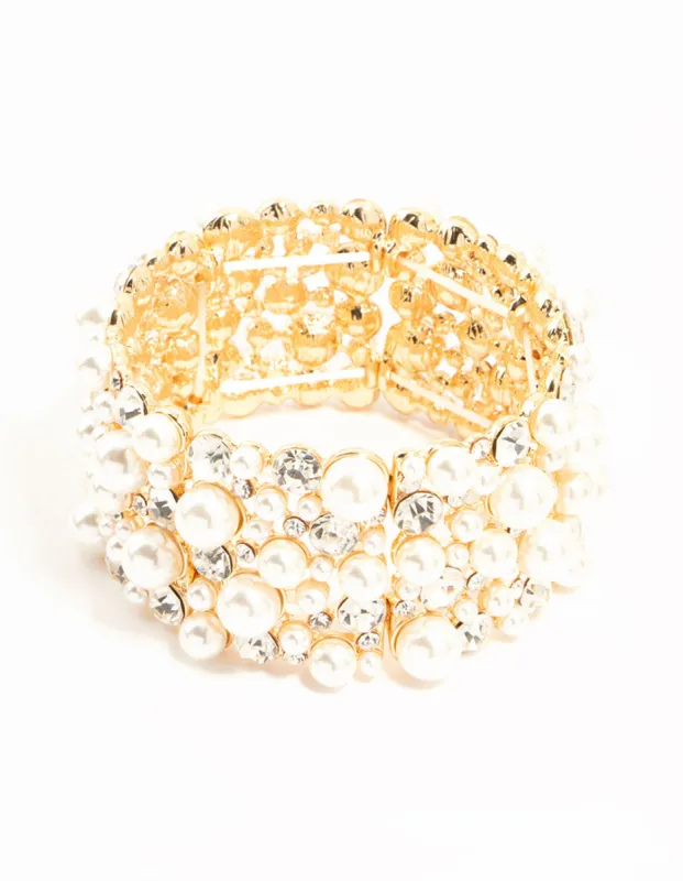 Gold Pearl & Diamante Stretch Bracelet sold by lovisa