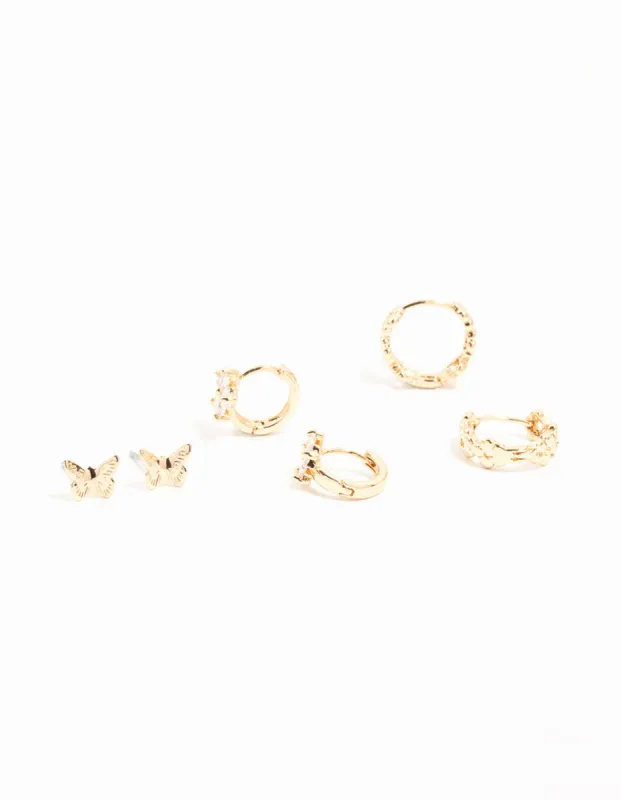 Gold Cubic Zirconia Butterfly Flower 3 Pack Earrings sold by lovisa