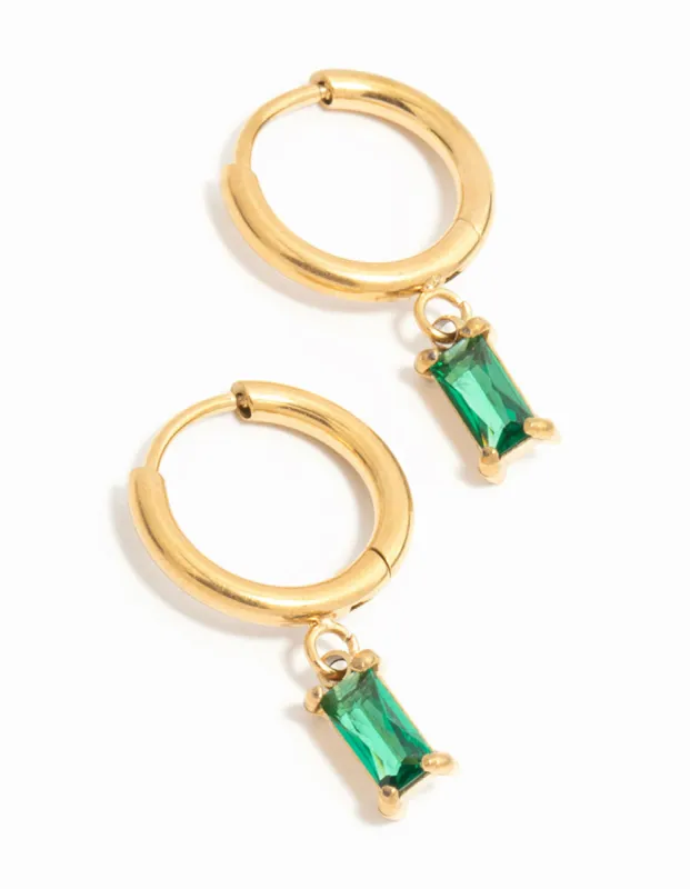 Waterproof Gold Plated Stainless Steel Green Baguette Huggie Earrings sold by lovisa