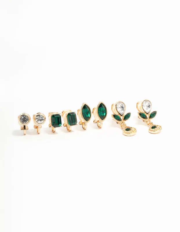 Emerald Diamante Mixed Shape Clip On Earrings 4-Pack sold by lovisa