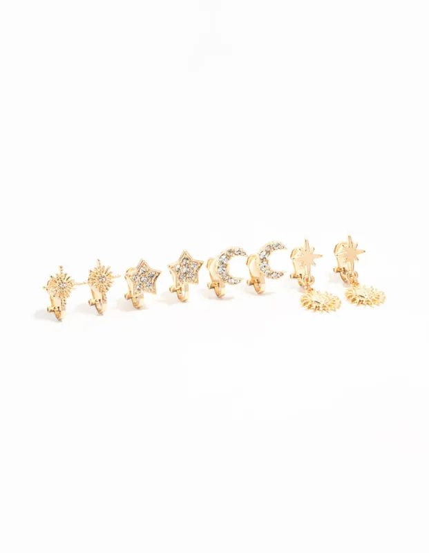 Gold Star & Moon Clip On Earrings 4-Pack sold by lovisa