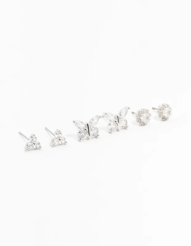 Silver Cubic Zirconia Butterfly Stud Earrings 3-Pack sold by lovisa