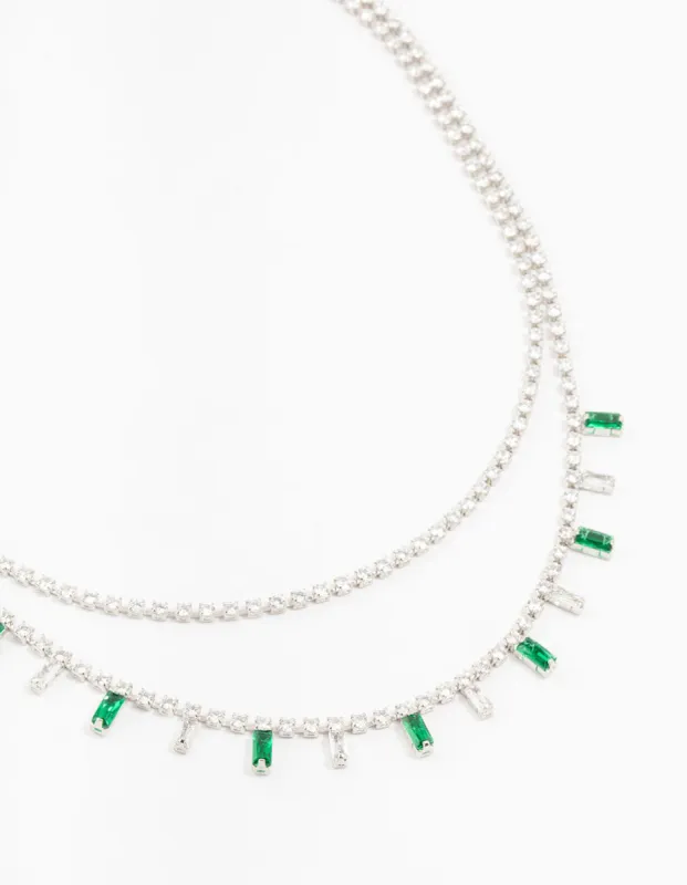 Silver Baguette Green & Silver Cubic Zirconia Stones Layered Necklace sold by lovisa