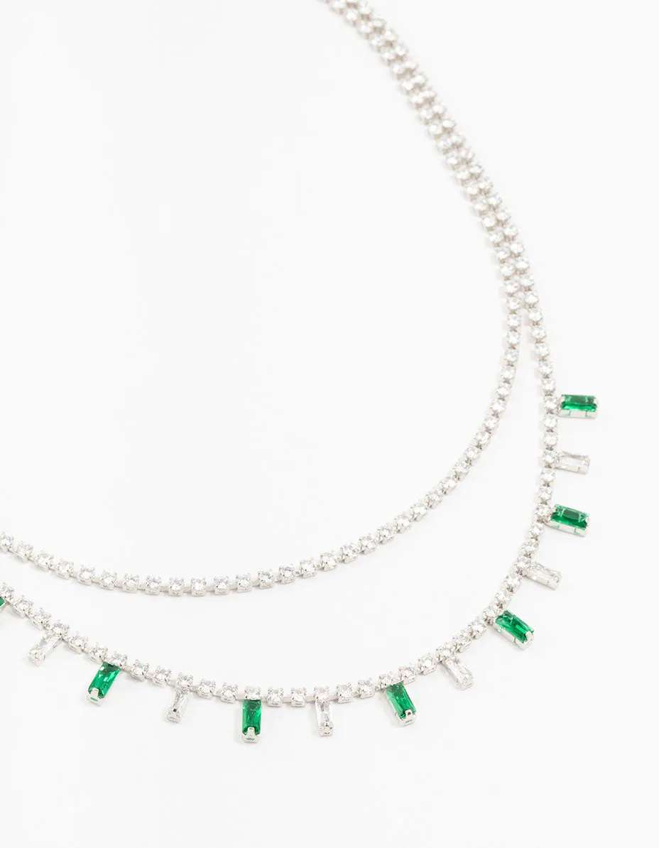 Silver Baguette Green & Silver Cubic Zirconia Stones Layered Necklace sold by lovisa