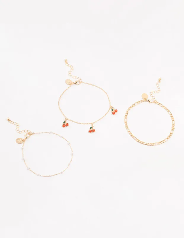 Gold Pearl & Cherry Anklets 3-Pack sold by lovisa