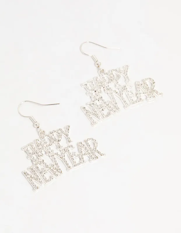 Silver Happy New Year Diamante Drop Earrings sold by lovisa