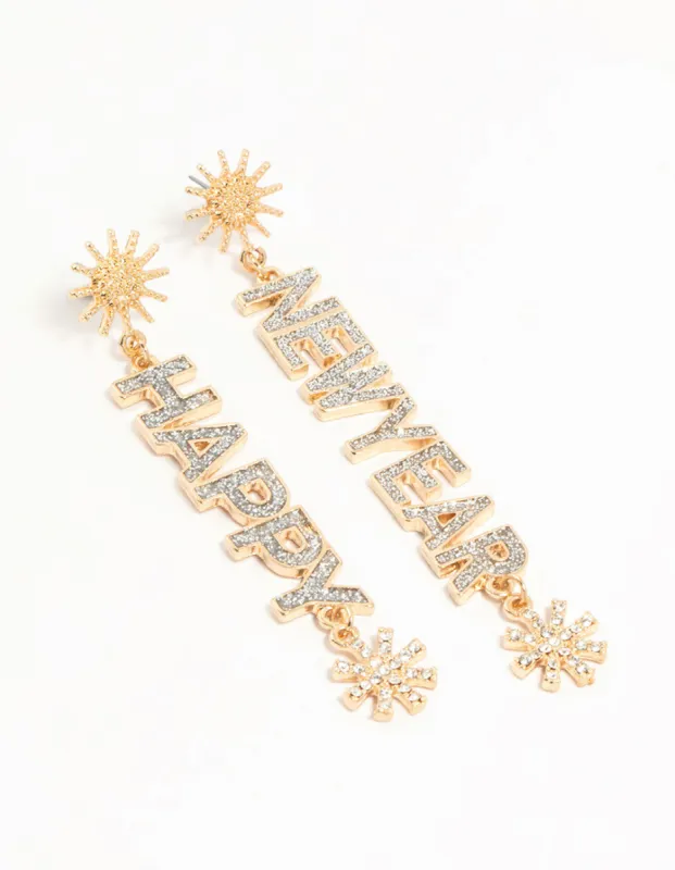 Gold Happy New Year's Eve Diamante Drop Earrings sold by lovisa