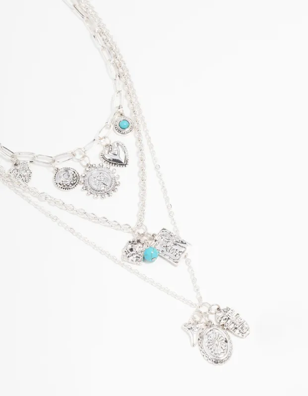 Antique Silver Turquoise & Heart Charm Layered Necklace sold by lovisa
